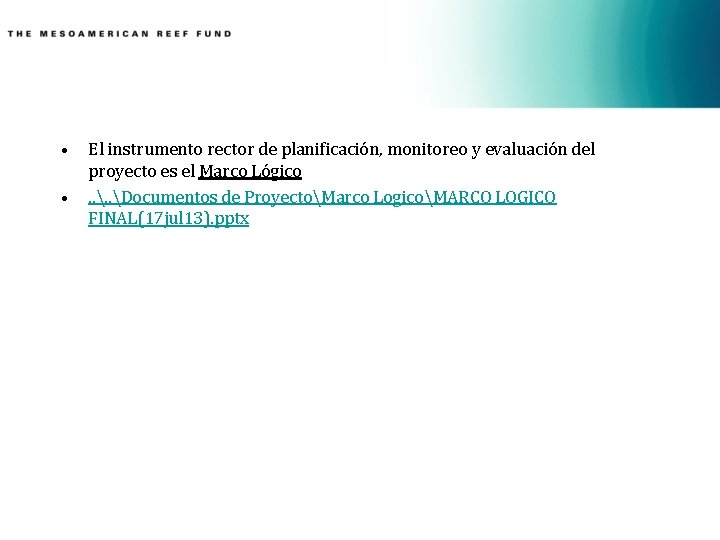  • • El instrumento rector de planificación, monitoreo y evaluación del proyecto es