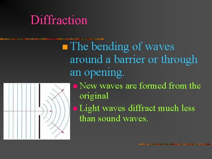 Diffraction n The bending of waves around a barrier or through an opening. New
