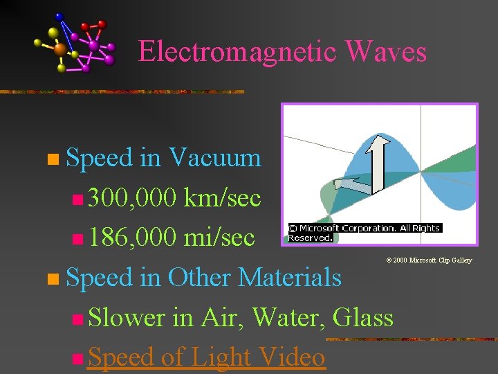 Electromagnetic Waves n Speed in Vacuum n 300, 000 km/sec n 186, 000 mi/sec