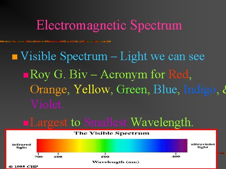 Electromagnetic Spectrum n Visible Spectrum – Light we can see n Roy G. Biv