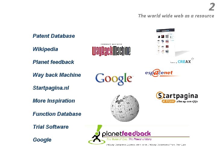 2 The world wide web as a resource Patent Database Wikipedia Planet feedback Way