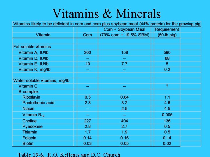 Vitamins & Minerals Table 19 -6, R. O. Kellems and D. C. Church 