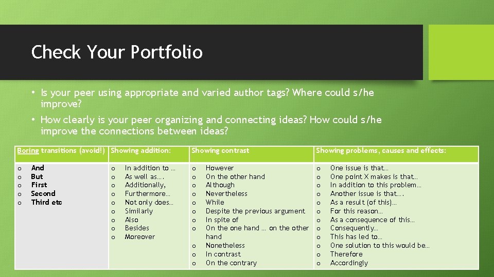 Check Your Portfolio • Is your peer using appropriate and varied author tags? Where