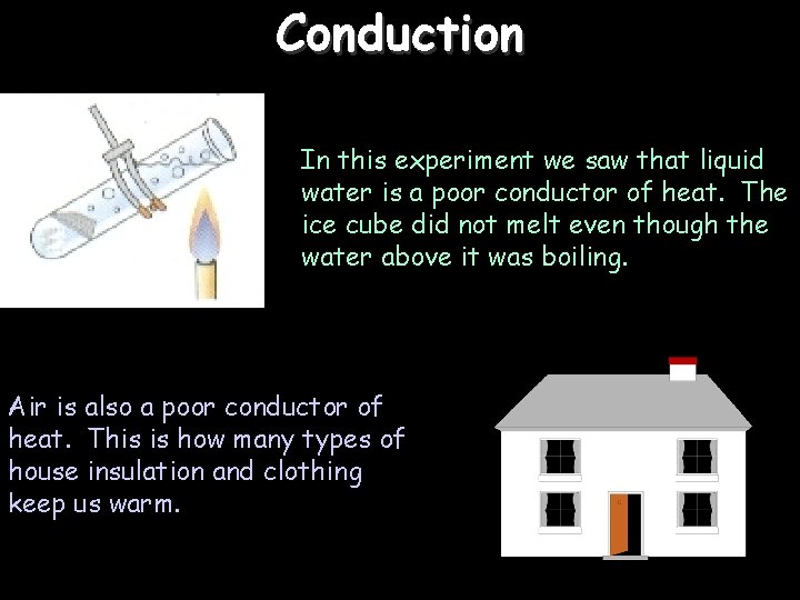 Conduction In this experiment we saw that liquid water is a poor conductor of