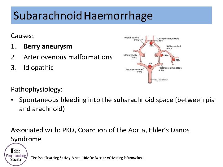 Subarachnoid Haemorrhage Causes: 1. Berry aneurysm 2. Arteriovenous malformations 3. Idiopathic Pathophysiology: • Spontaneous