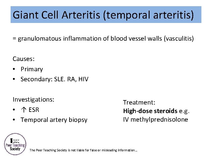 Giant Cell Arteritis (temporal arteritis) = granulomatous inflammation of blood vessel walls (vasculitis) Causes: