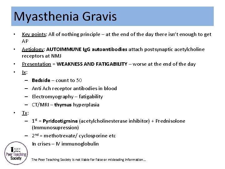 Myasthenia Gravis • • • Key points: All of nothing principle – at the