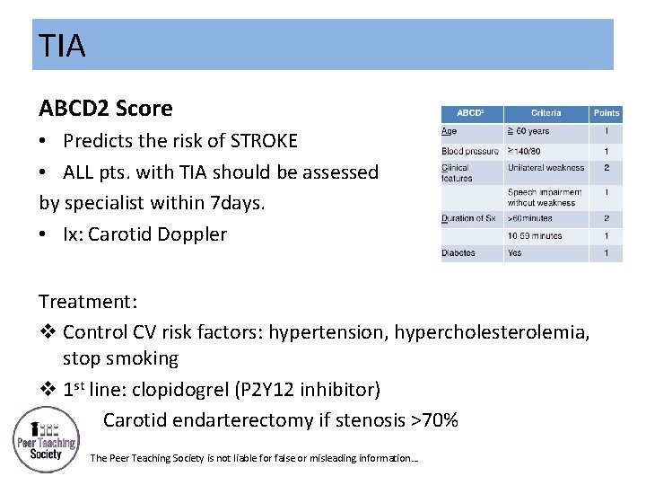 TIA ABCD 2 Score • Predicts the risk of STROKE • ALL pts. with