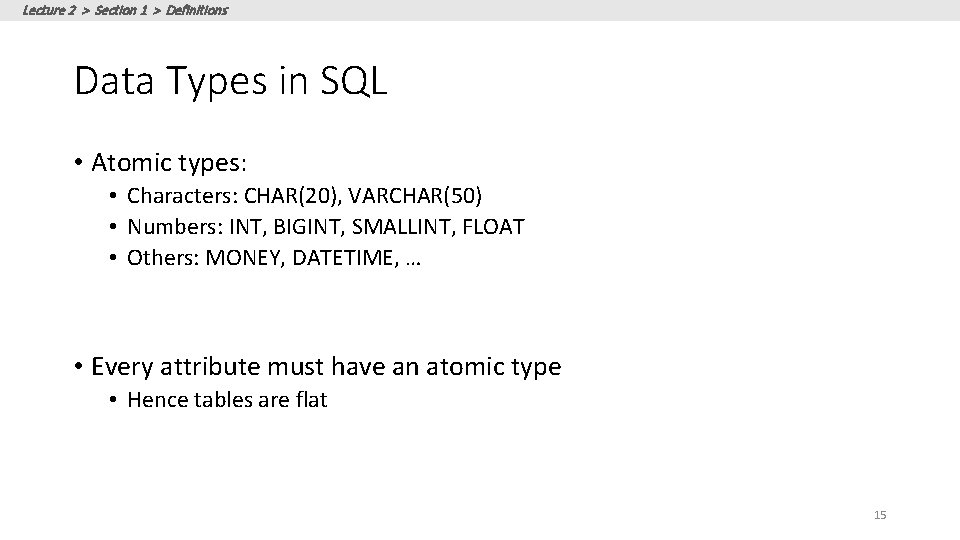 Lecture 2 > Section 1 > Definitions Data Types in SQL • Atomic types: