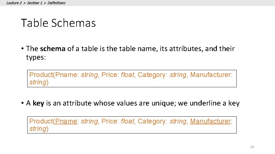 Lecture 2 > Section 1 > Definitions Table Schemas • The schema of a