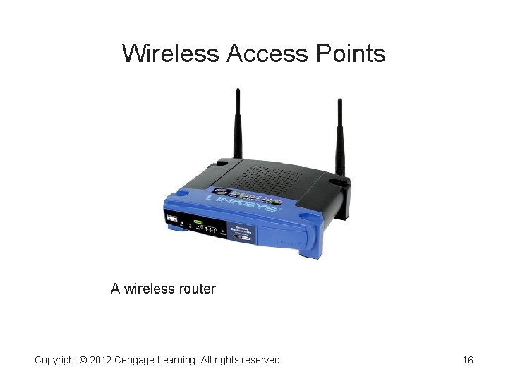 Wireless Access Points A wireless router Copyright © 2012 Cengage Learning. All rights reserved.
