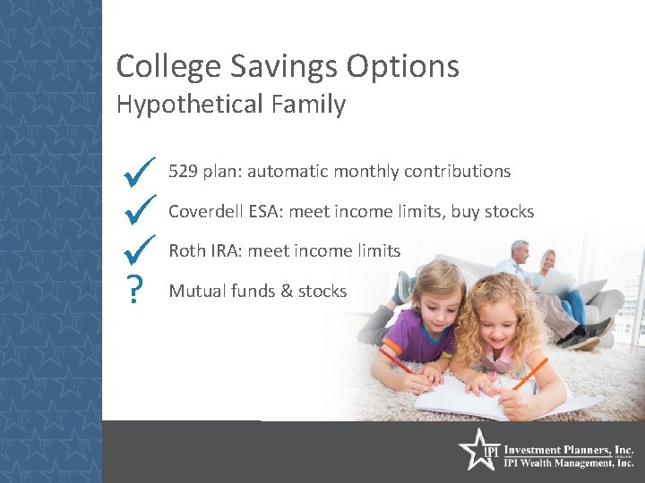 College Savings Options Hypothetical Family Coverdell ESA: meet income limits, buy stocks Roth IRA: