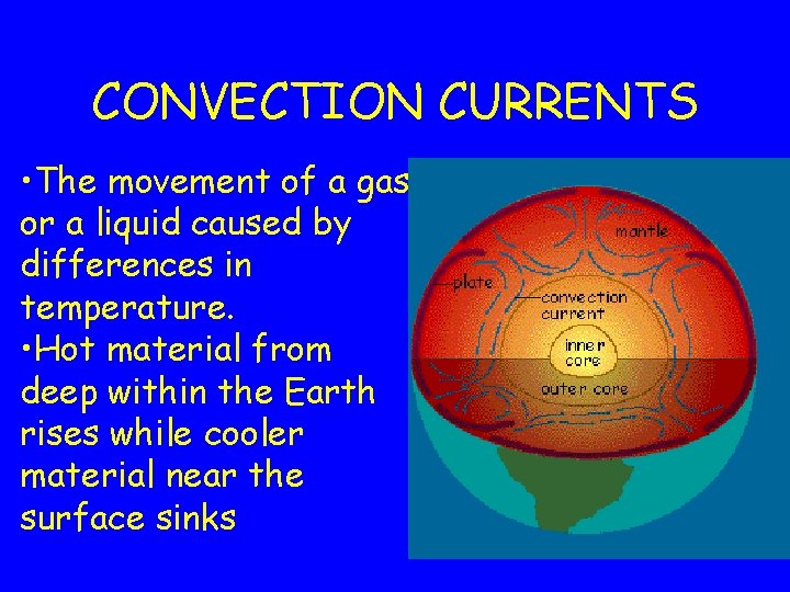 CONVECTION CURRENTS • The movement of a gas or a liquid caused by differences CONVECTION CURRENTS • The movement of a gas or a liquid caused by differences