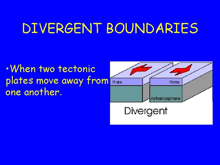 DIVERGENT BOUNDARIES • When two tectonic plates move away from one another. DIVERGENT BOUNDARIES • When two tectonic plates move away from one another.