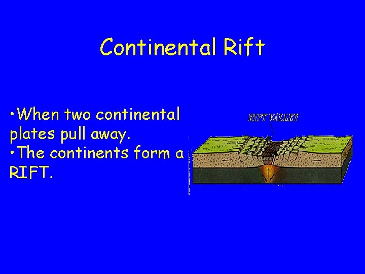 Continental Rift • When two continental plates pull away. • The continents form a Continental Rift • When two continental plates pull away. • The continents form a