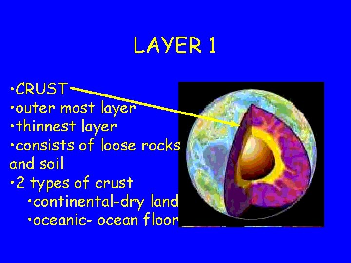LAYER 1 • CRUST • outer most layer • thinnest layer • consists of LAYER 1 • CRUST • outer most layer • thinnest layer • consists of