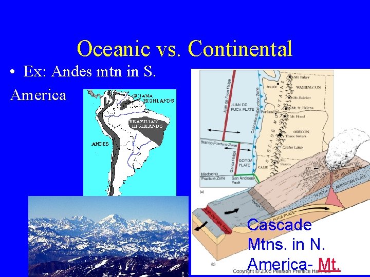 Oceanic vs. Continental • Ex: Andes mtn in S. America Cascade Mtns. in N. Oceanic vs. Continental • Ex: Andes mtn in S. America Cascade Mtns. in N.