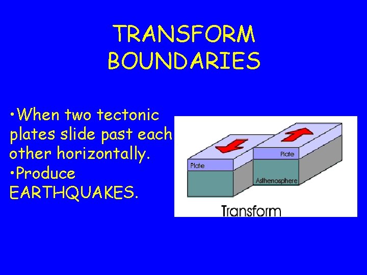 TRANSFORM BOUNDARIES • When two tectonic plates slide past each other horizontally. • Produce TRANSFORM BOUNDARIES • When two tectonic plates slide past each other horizontally. • Produce