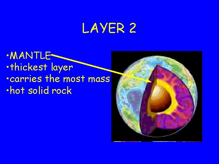 LAYER 2 • MANTLE • thickest layer • carries the most mass • hot LAYER 2 • MANTLE • thickest layer • carries the most mass • hot