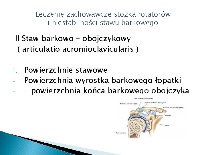Leczenie zachowawcze stożka rotatorów i niestabilności stawu barkowego II Staw barkowo – obojczykowy (