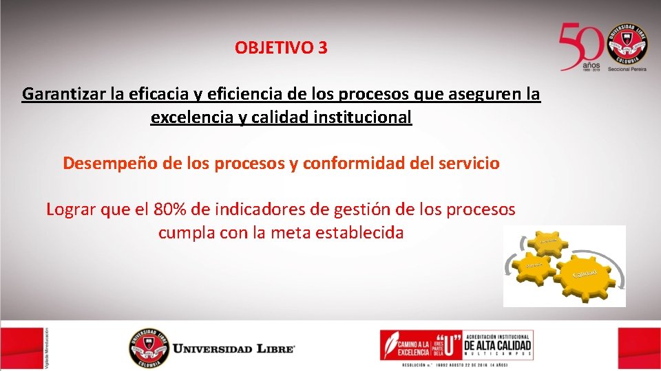 OBJETIVO 3 Garantizar la eficacia y eficiencia de los procesos que aseguren la excelencia