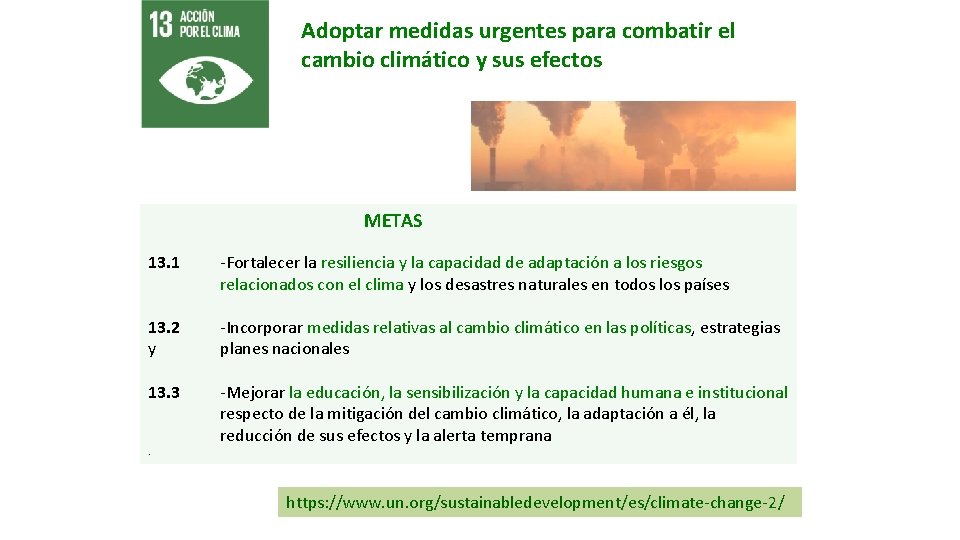 Adoptar medidas urgentes para combatir el cambio climático y sus efectos METAS 13. 1