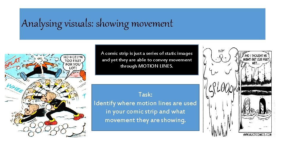 Analysing visuals: showing movement A comic strip is just a series of static images