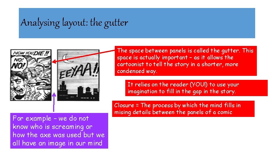 Analysing layout: the gutter The space between panels is called the gutter. This space