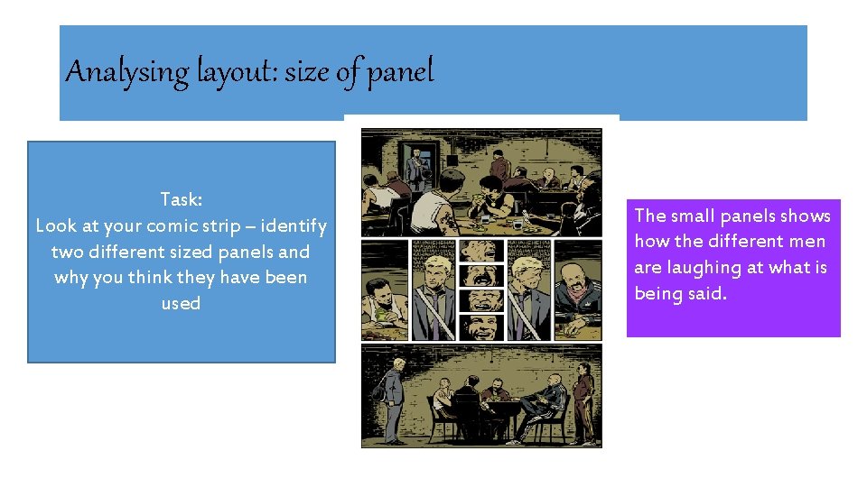 Analysing layout: size of panel Task: Look at your comic strip – identify two