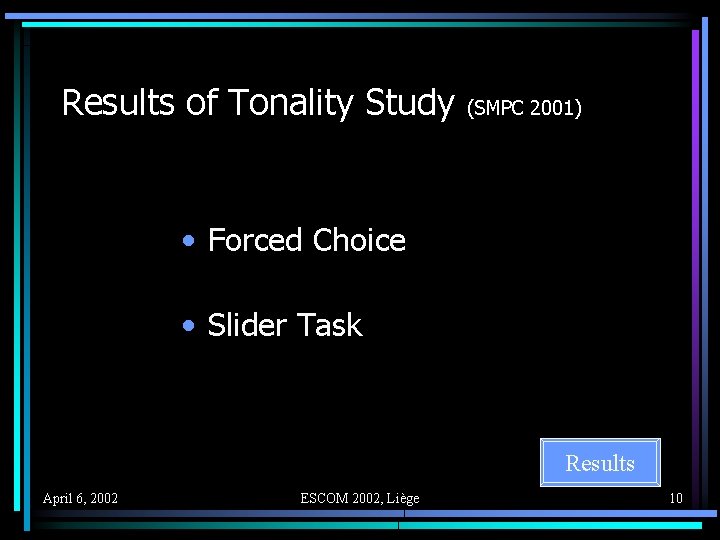 Results of Tonality Study (SMPC 2001) • Forced Choice • Slider Task Results April
