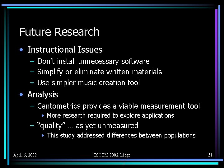Future Research • Instructional Issues – Don’t install unnecessary software – Simplify or eliminate