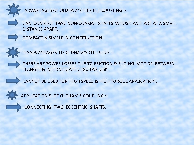 ADVANTAGES OF OLDHAM’S FLEXIBLE COUPLING : CAN CONNECT TWO NON-COAXIAL SHAFTS WHOSE AXIS ARE