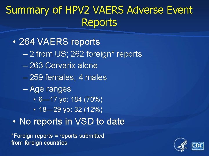 Summary of HPV 2 VAERS Adverse Event Reports • 264 VAERS reports – 2