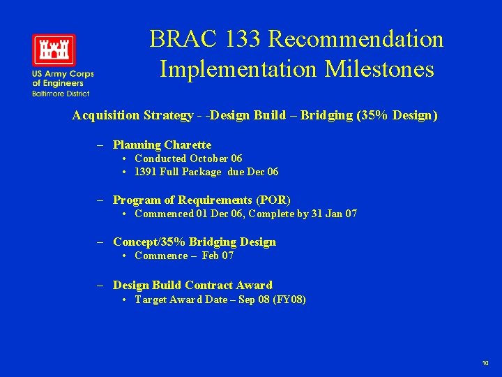 BRAC 133 Recommendation Implementation Milestones Acquisition Strategy - -Design Build – Bridging (35% Design)