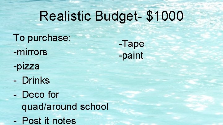 Realistic Budget- $1000 To purchase: -Tape -mirrors -paint -pizza - Drinks - Deco for Realistic Budget- $1000 To purchase: -Tape -mirrors -paint -pizza - Drinks - Deco for