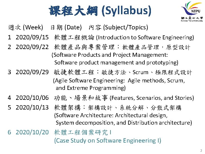 課程大綱 (Syllabus) 週次 (Week) 日期 (Date) 內容 (Subject/Topics) 1 2020/09/15 軟體 程概論 (Introduction to