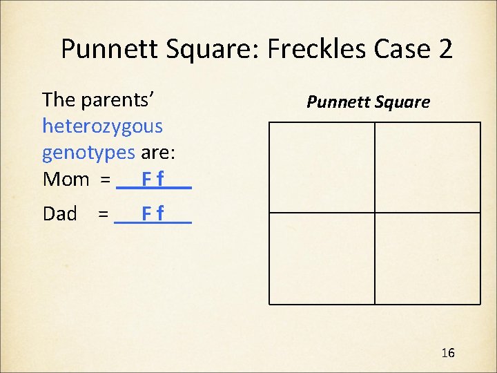 Punnett Square: Freckles Case 2 The parents’ heterozygous genotypes are: Mom = F f