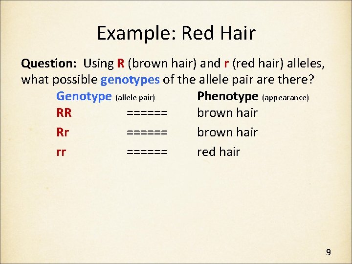 Example: Red Hair Question: Using R (brown hair) and r (red hair) alleles, what