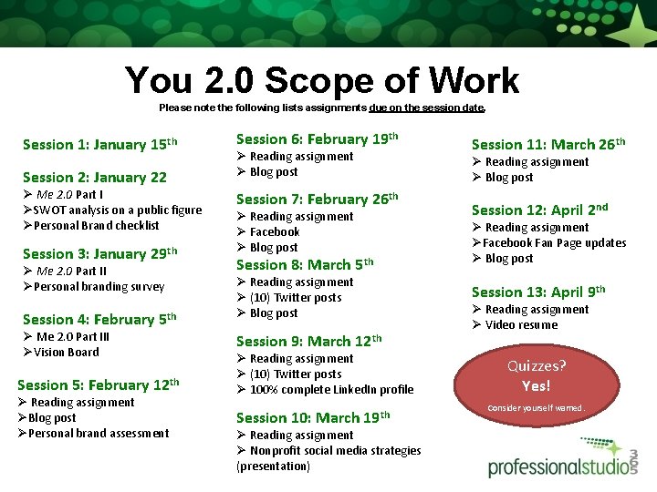 You 2. 0 Scope of Work Please note the following lists assignments due on