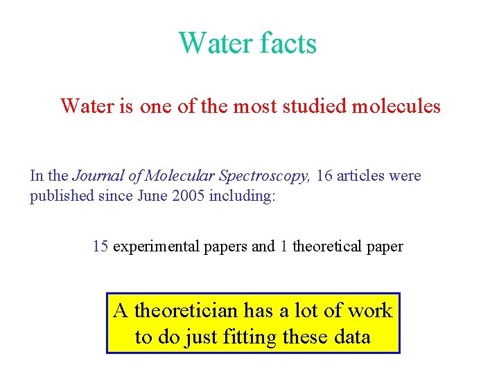 Water facts Water is one of the most studied molecules In the Journal of