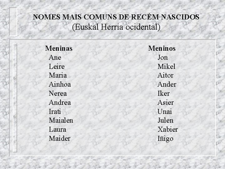 NOMES MAIS COMUNS DE RECÉM NASCIDOS (Euskal Herria ocidental) Meninas Ane Leire Maria Ainhoa