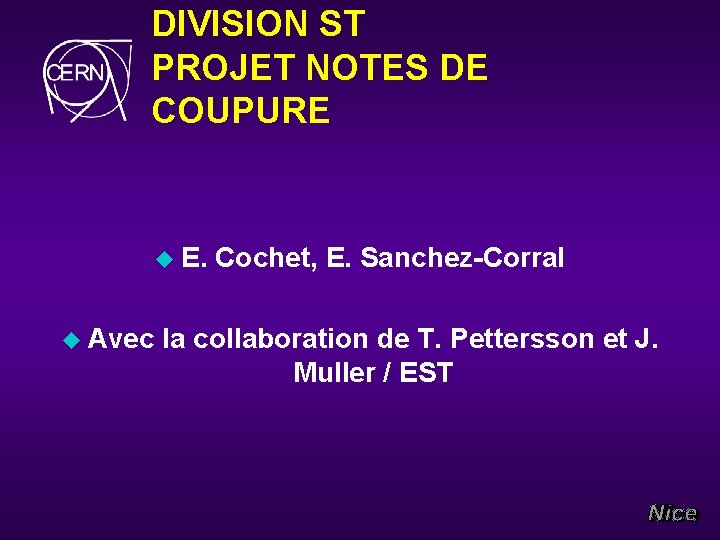 DIVISION ST PROJET NOTES DE COUPURE u E. u Avec Cochet, E. Sanchez-Corral la