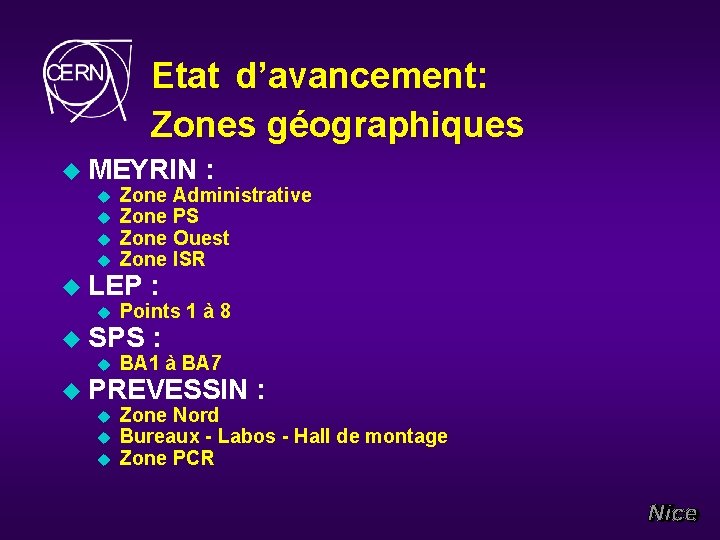 Etat d’avancement: Zones géographiques u MEYRIN u u Zone Administrative Zone PS Zone Ouest