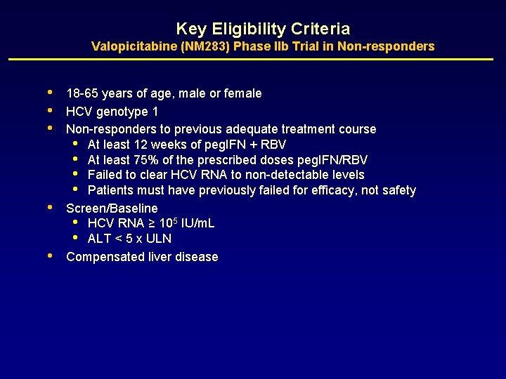 Key Eligibility Criteria Valopicitabine (NM 283) Phase IIb Trial in Non-responders • • •