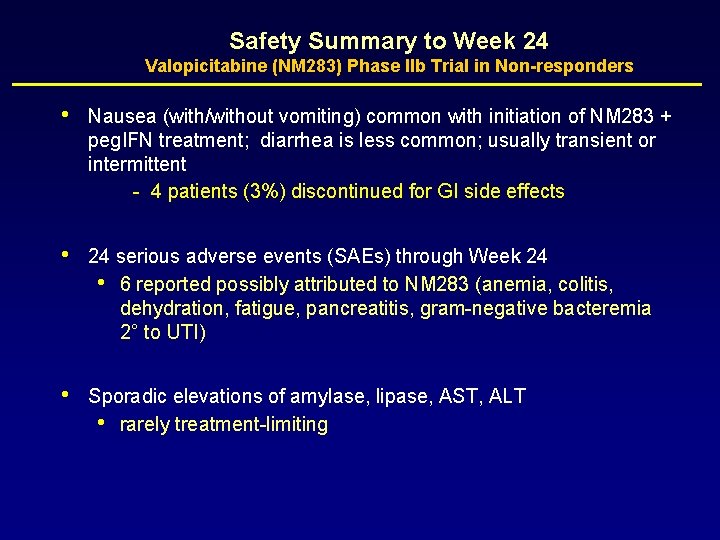 Safety Summary to Week 24 Valopicitabine (NM 283) Phase IIb Trial in Non-responders •