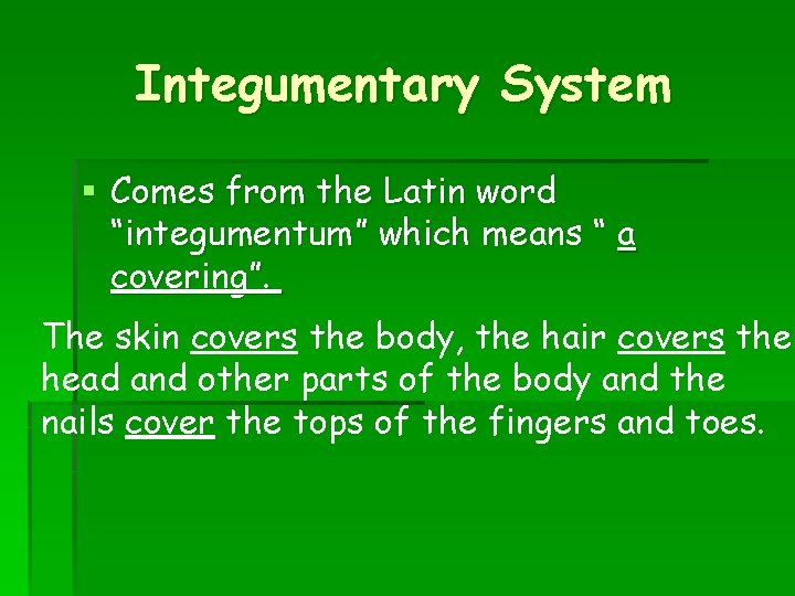 Integumentary System § Comes from the Latin word “integumentum” which means “ a covering”.