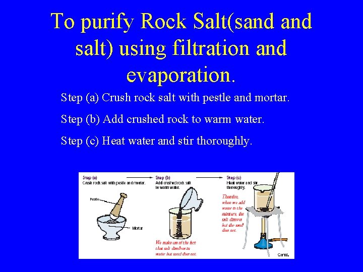 To purify Rock Salt(sand salt) using filtration and evaporation. Step (a) Crush rock salt