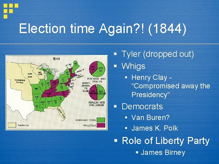 Election time Again? ! (1844) § Tyler (dropped out) § Whigs Henry Clay “Compromised