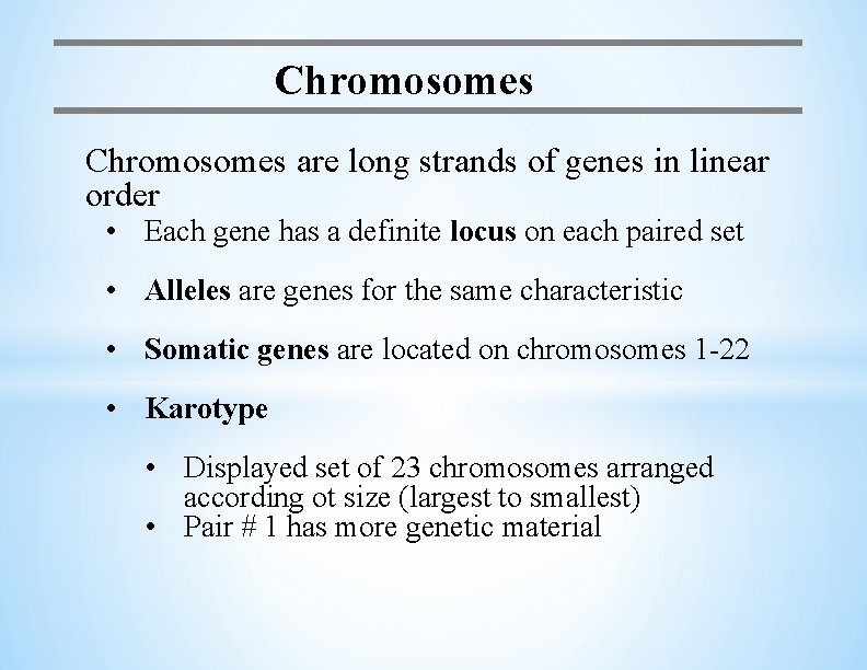 Chromosomes are long strands of genes in linear order • Each gene has a