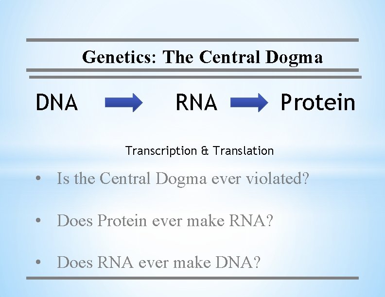 Genetics: The Central Dogma DNA RNA Protein Transcription & Translation • Is the Central